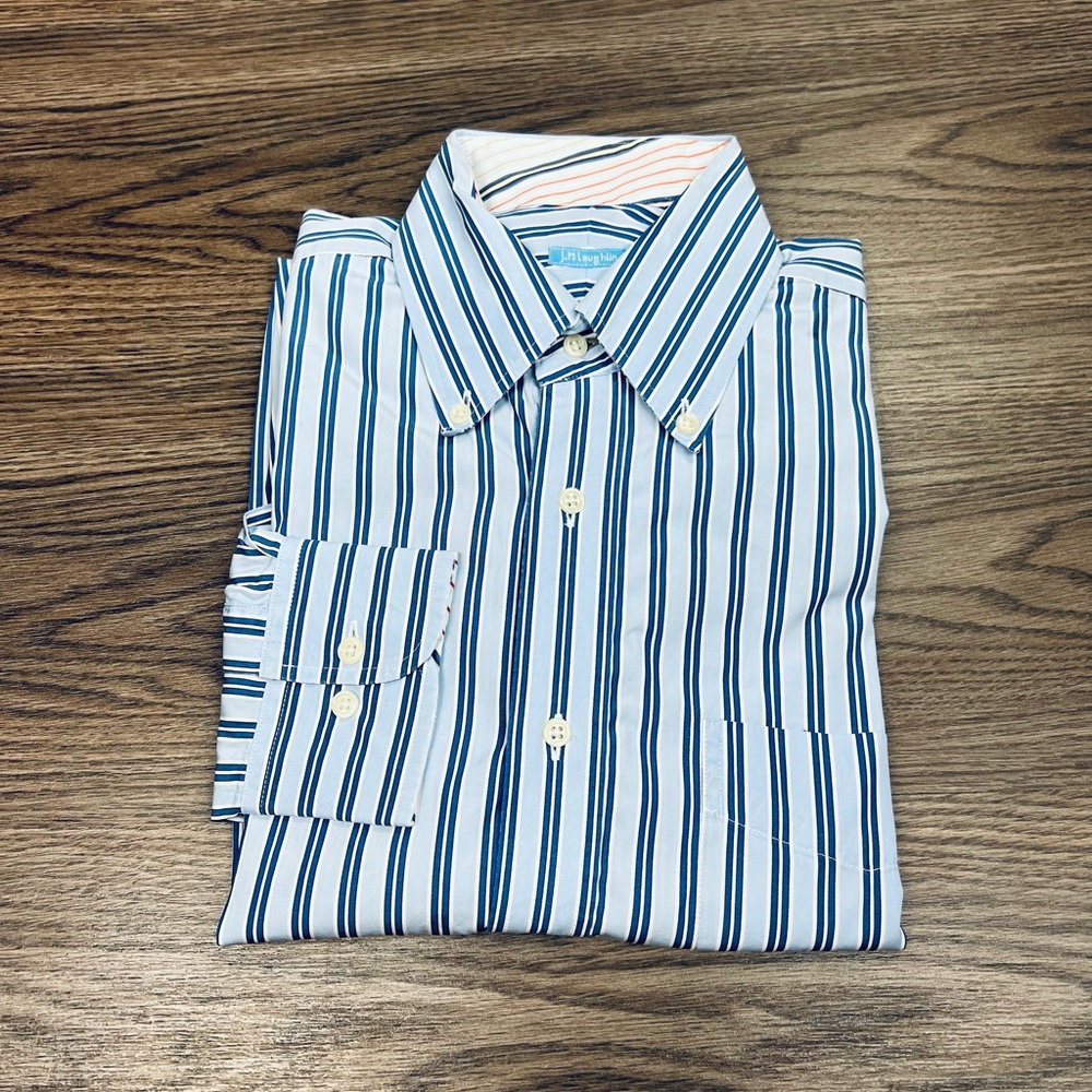 J. McLaughlin Blue w/ Navy & White Stripe Shirt M - Picture 1 of 4